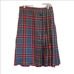 Vintage 100% Wool Grey Stewart Tartan Plaid Pleated Kilt Midi Skirt 30"W EUC